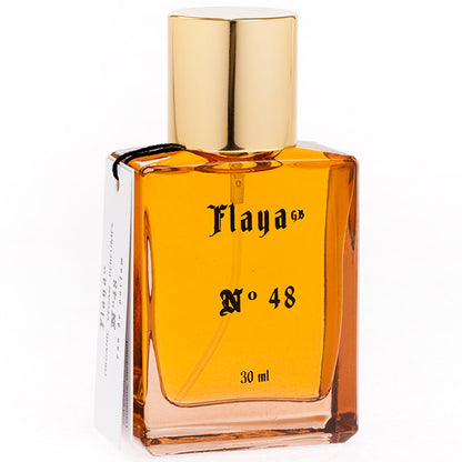 Faya Eau de Parfum No. 48 in a square clear spray glass bottle with a gold coloured lid 