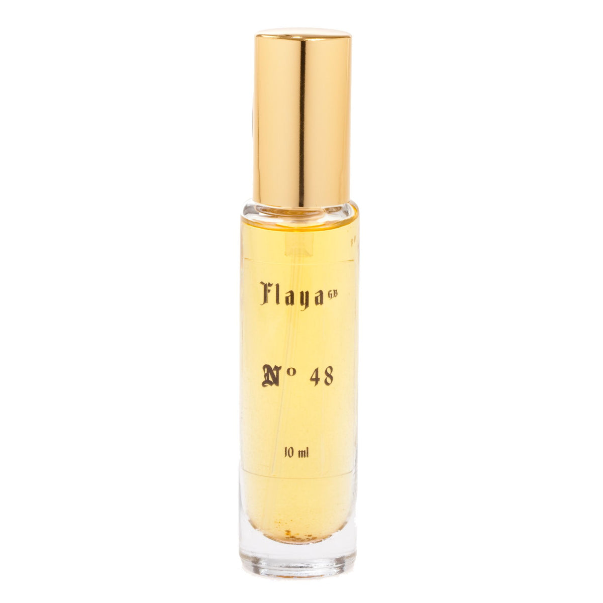 A 10 ml clear glass bottle containing a golden-yellow perfume, featuring a shiny gold cap and black printed text reading 'Flaya GB', 'N° 48', and '10 ml' on the front, set against a plain white background.