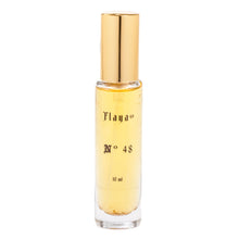 A 10 ml clear glass bottle containing a golden-yellow perfume, featuring a shiny gold cap and black printed text reading 'Flaya GB', 'N° 48', and '10 ml' on the front, set against a plain white background.
