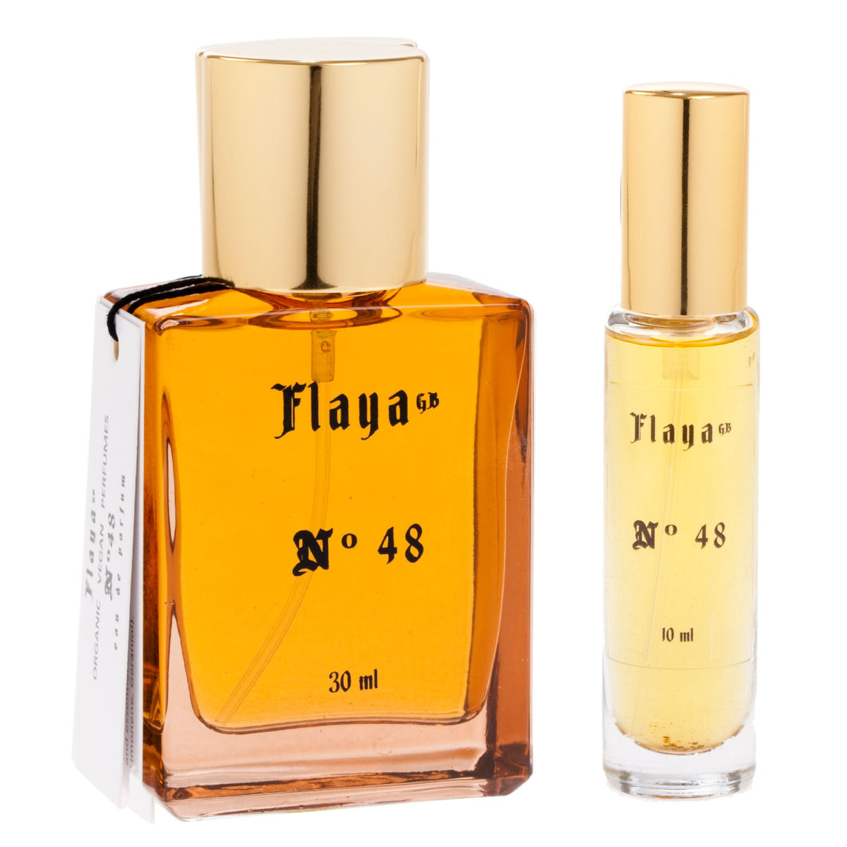 A 30 ml bottle and a 10 ml glass bottle of Flaya No 48 perfume, both filled with amber-colored perfume and featuring gold caps, set against a plain white background.
