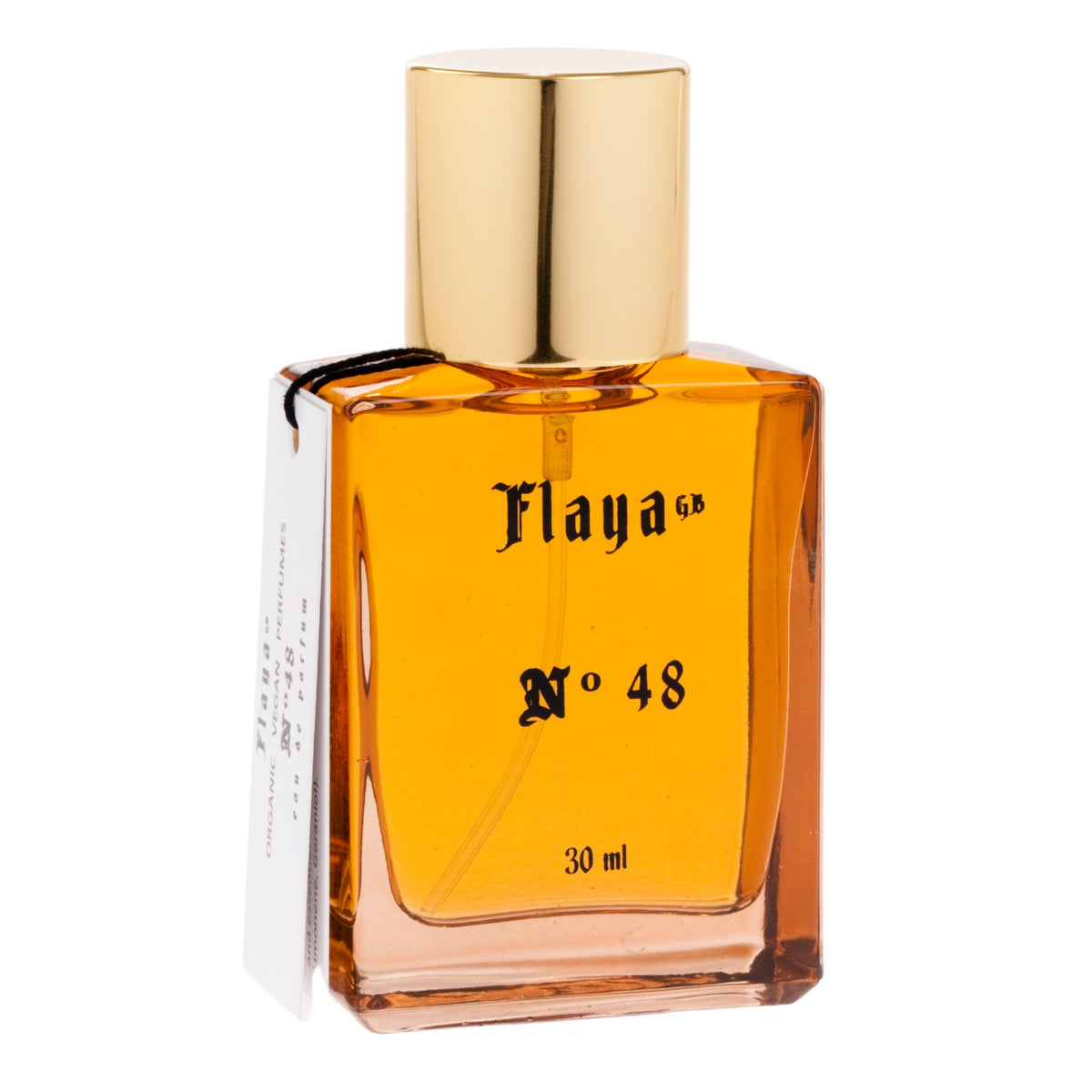 A 30 ml bottle of Flaya GB No 48 perfume, featuring an amber-colored perfume in a glass bottle with a shiny gold cap and a white paper tag attached, set against a plain white background.