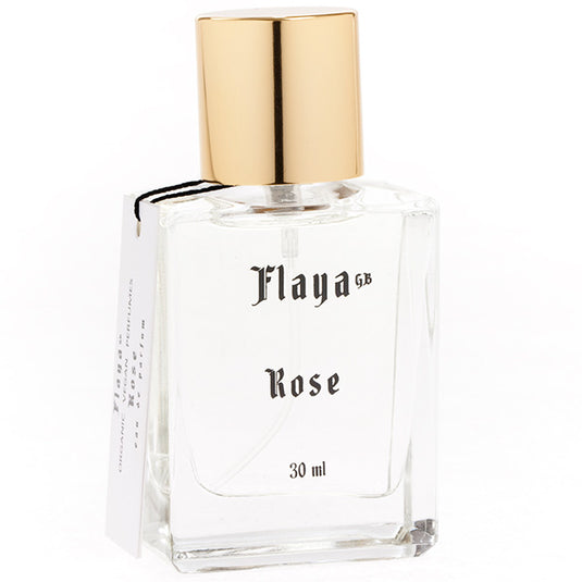 Flaya Eau de Parfum Rose in a squared clear glass spray bottle with a gold coloured lid
