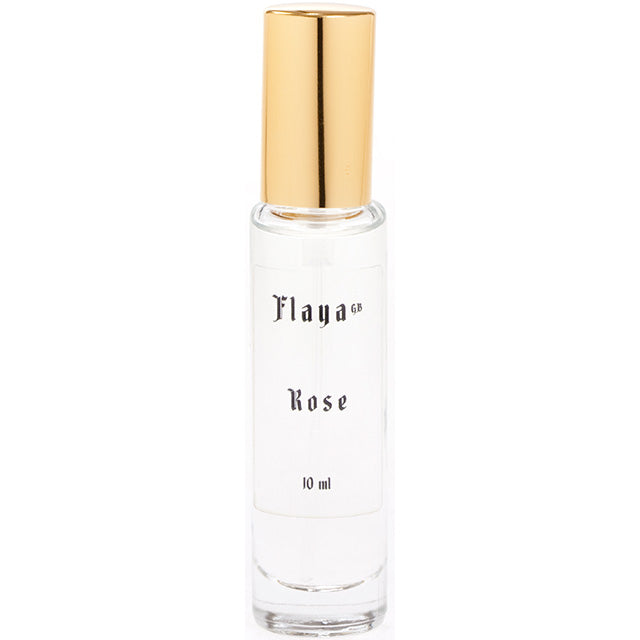 Flaya eau de parfume rose 10ml in a slender clear glass spray bottle with a gold coloured lid.