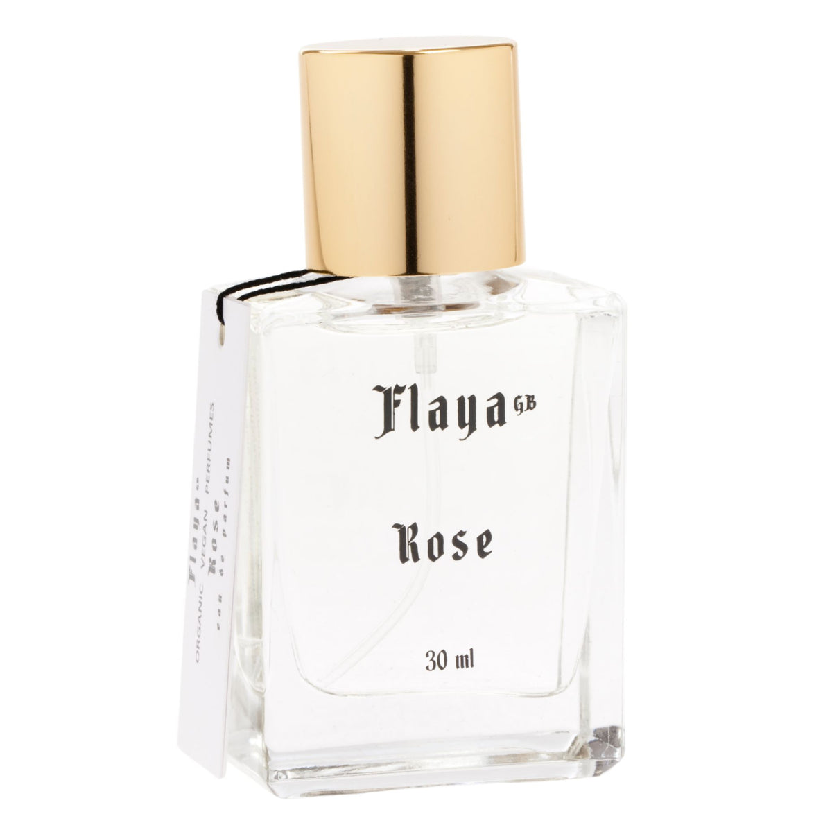 A 30 ml clear glass perfume bottle with a shiny gold cap, labeled 'Flaya GB Rose' in black gothic font, on a white background.
