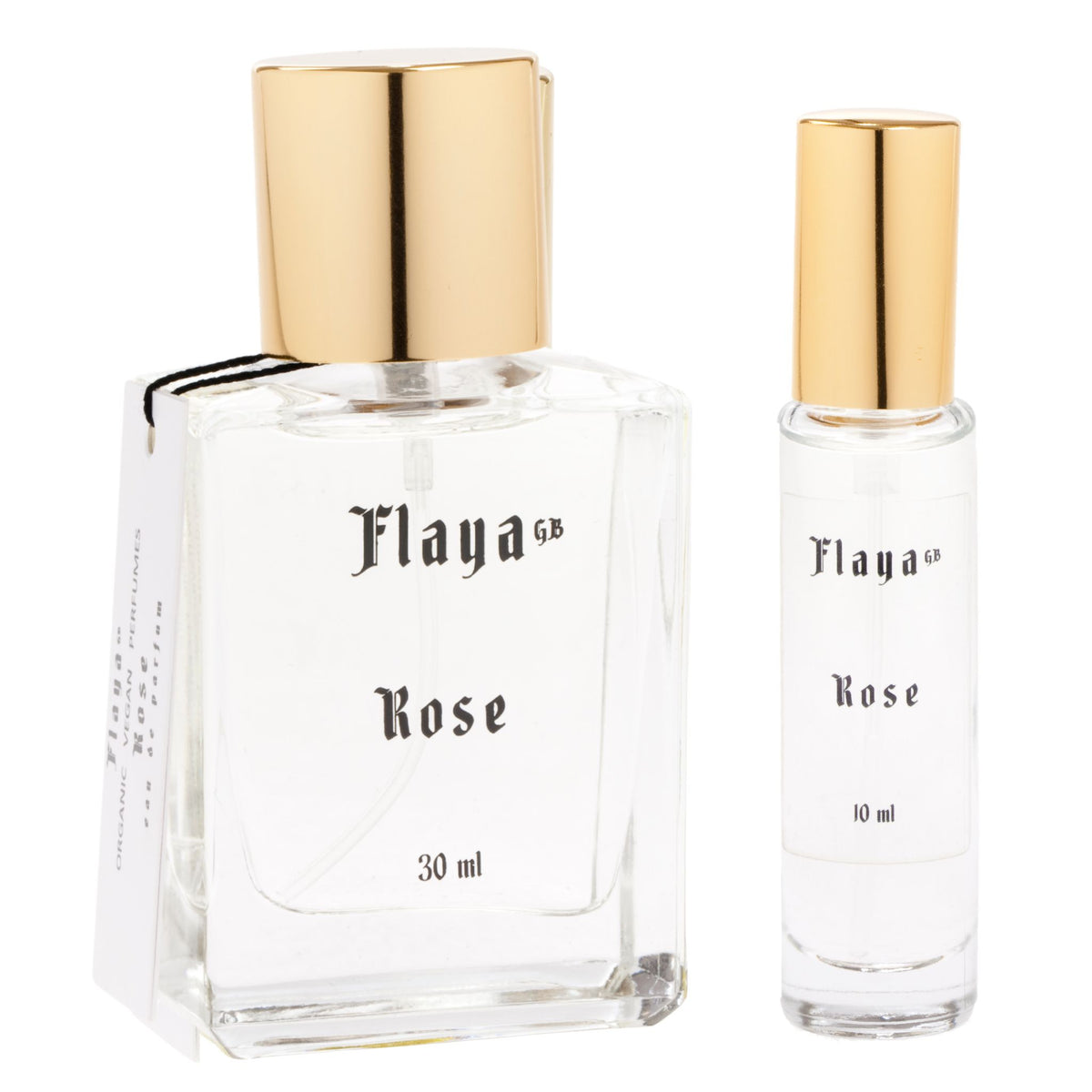 A 30 ml perfume bottle and a 10 ml travel bottle of Flaya GB Rose, both with gold caps and clear glass bodies, shown on a white background.