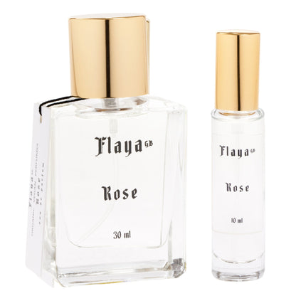 A 30 ml perfume bottle and a 10 ml travel bottle of Flaya GB Rose, both with gold caps and clear glass bodies, shown on a white background.