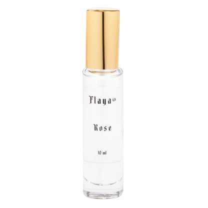 A 10 ml clear glass bottle with a metallic gold cap, featuring a white label with the brand name 'Flaya GB' and scent name 'Rose'.