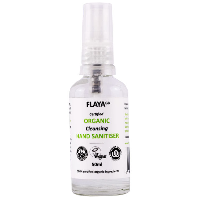 Flaya Organic Cleansing Hand Sanitiser in a plastic bottle with and spray