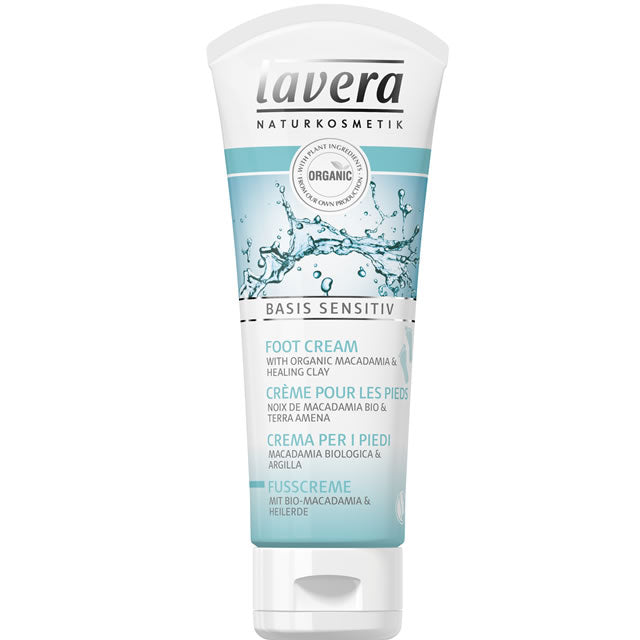 Lavera Basis Sensitive Foot Cream with organic Macadamia and Healing Clay in a plastic tube 