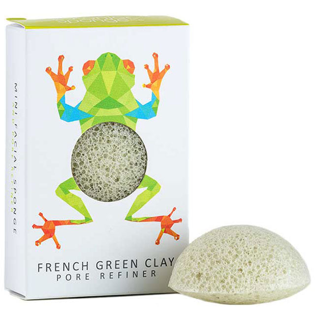 Konjac Sponge with French Green Clay in a box with an image of a frog. 