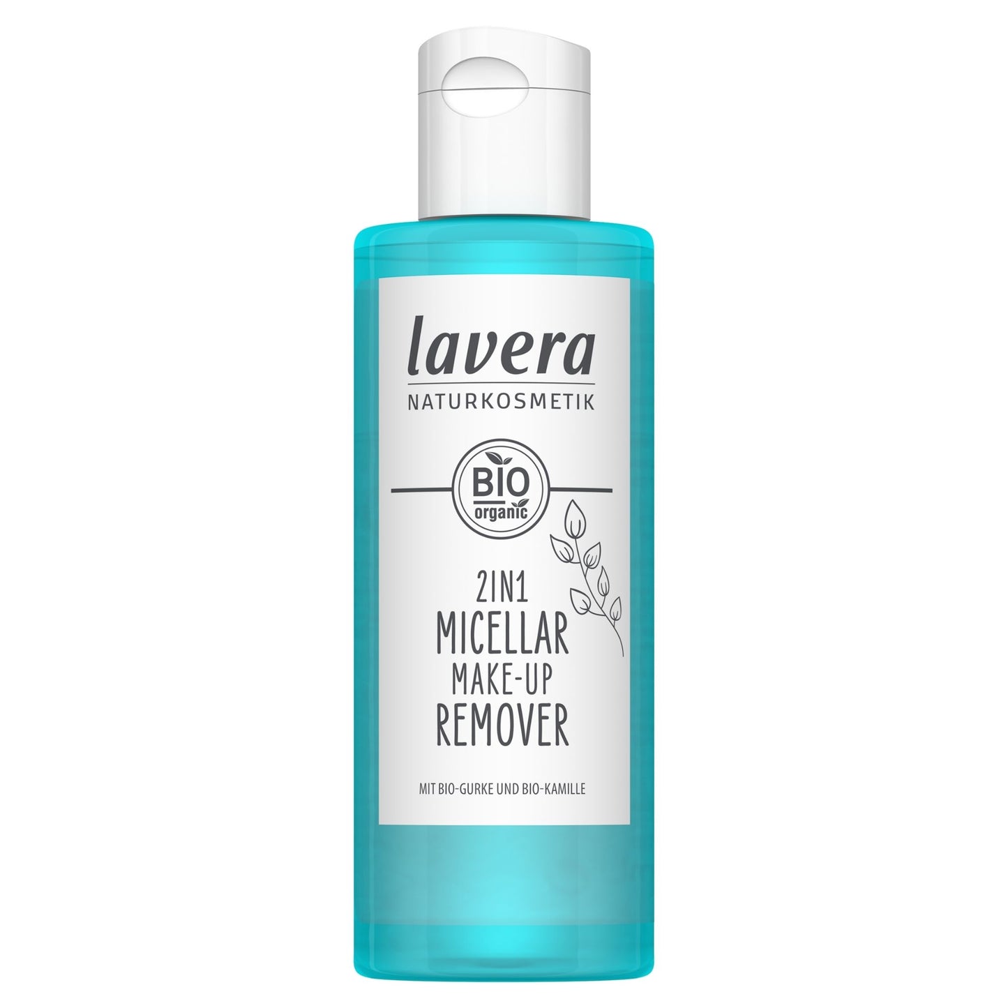 Lavera 2 in 1 Micellar Make-Up Remover plastic bottle with a flip top lid on a white background
