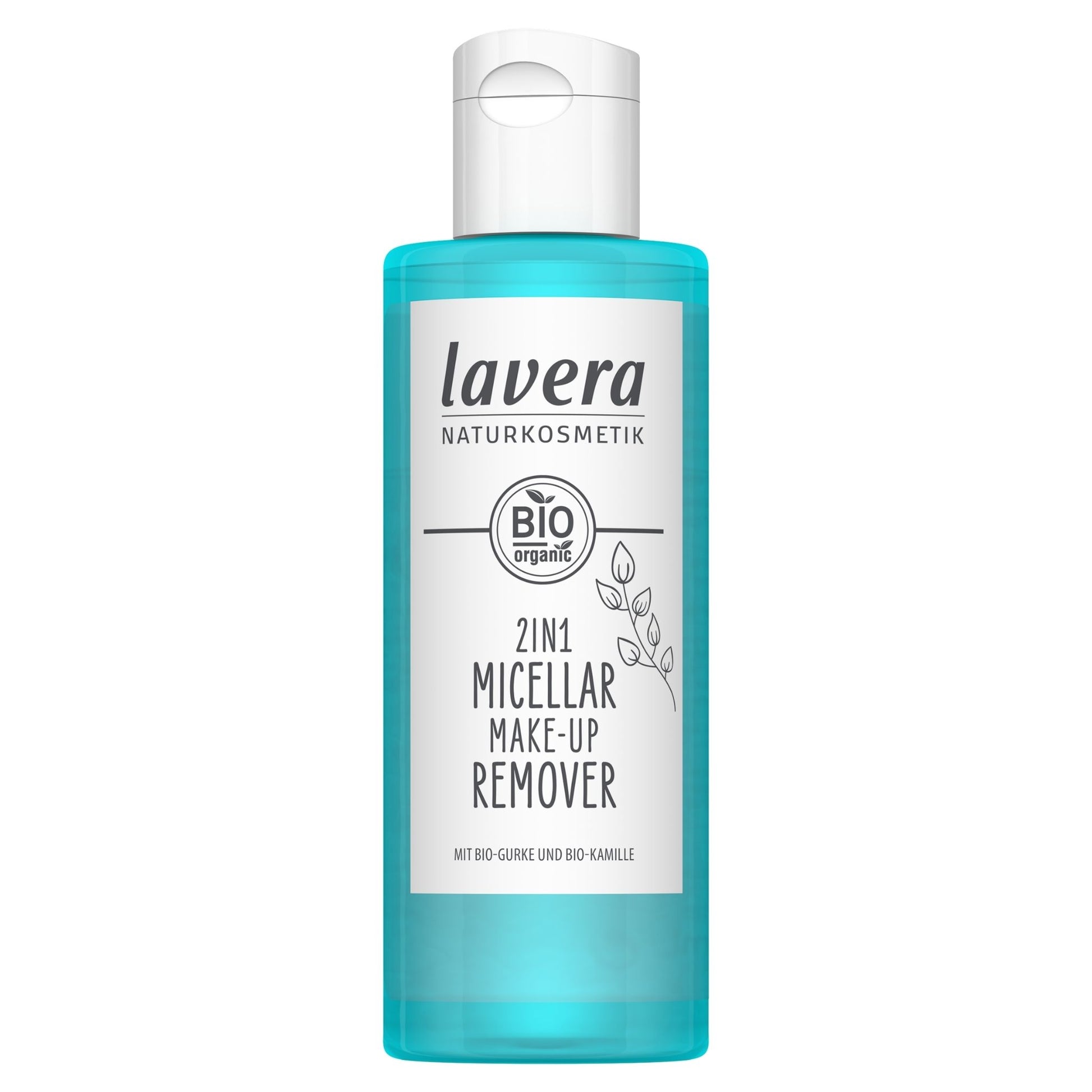 Lavera 2 in 1 Micellar Make-Up Remover plastic bottle with a flip top lid on a white background