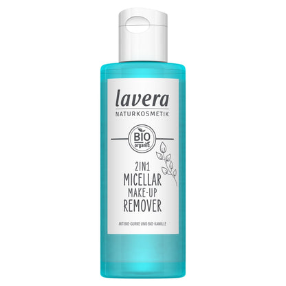 Lavera 2 in 1 Micellar Make-Up Remover plastic bottle with a flip top lid on a white background