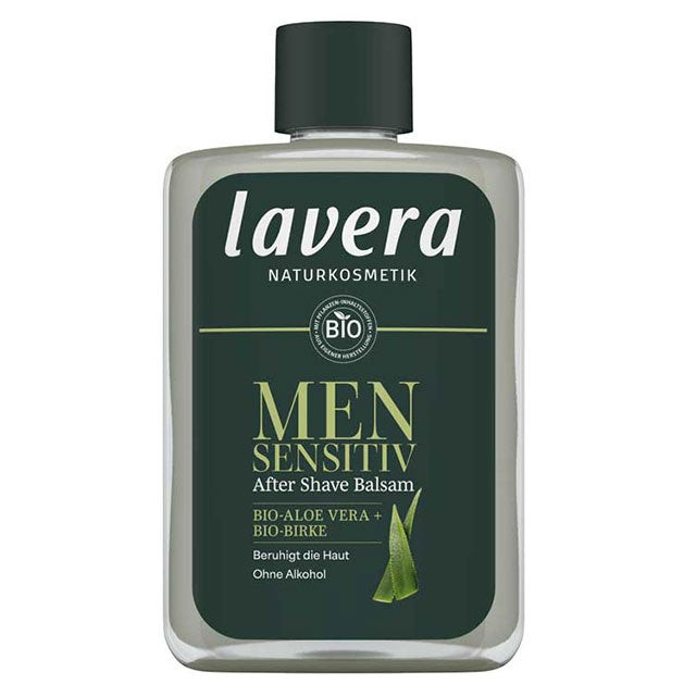 Lavera Men Sensitiv After Shave Balm is in a glass clear bottle with a green label on a white background.
