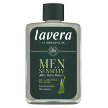 Lavera Men Sensitiv After Shave Balm is in a glass clear bottle with a green label on a white background.
