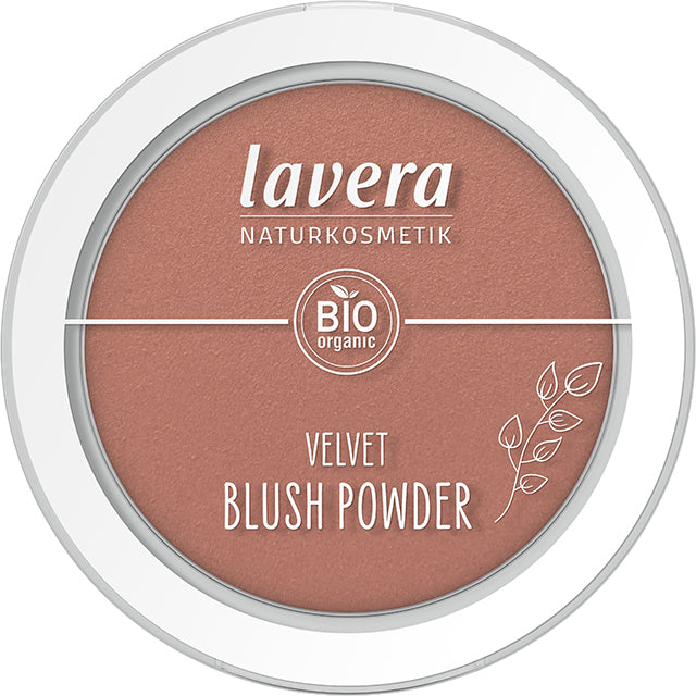 Lavera Velvet Blush Powder Nude Terracotta 03 is in a white pressed powder compact with a clear lid, on a white background