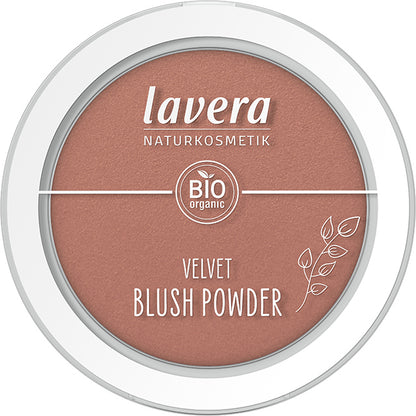 Lavera Velvet Blush Powder Nude Terracotta 03 is in a white pressed powder compact with a clear lid, on a white background