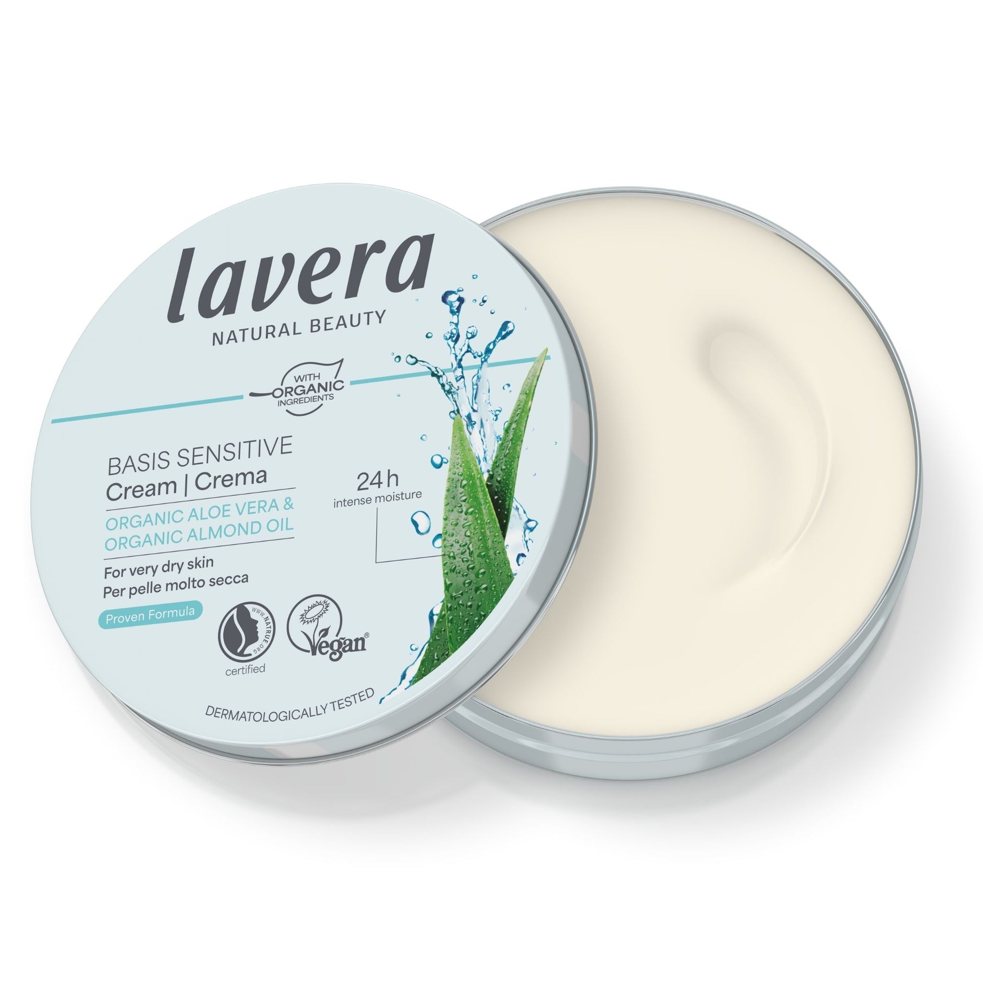 Lavera Basis Sensitive All-Round Cream, open Tin, 24 hour intense moisture, for very dry skin on a white background
