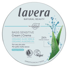 Lavera Basis Sensitive All-Round Cream in a Tin, 24 hour intense moisture, for very dry skin on a white background