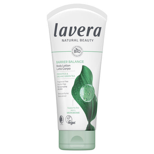 A white squeeze tube of Lavera Barrier Balance Body Lotion with a green leaf graphic and a pale green cap, shown on a plain white background.