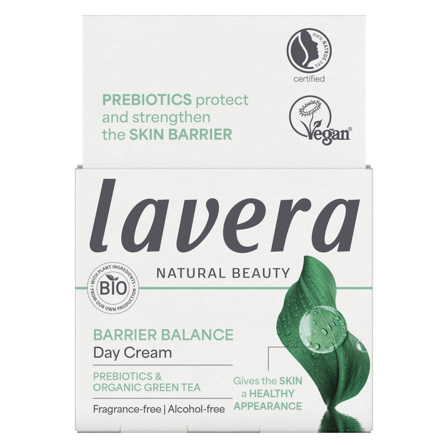 Lavera Barrier Balance Day Cream packaging box, featuring a white background with green and dark gray text, a green leaf graphic, and certification logos for Vegan and Plant Based Ingredients.