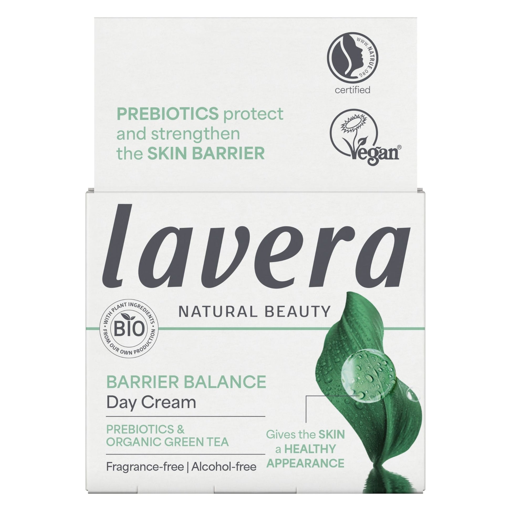 Lavera Barrier Balance Day Cream packaging box, featuring a white background with green and dark gray text, a green leaf graphic, and certification logos for Vegan and Plant Based Ingredients.