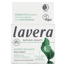 Lavera Barrier Balance Day Cream packaging box, featuring a white background with green and dark gray text, a green leaf graphic, and certification logos for Vegan and Plant Based Ingredients.