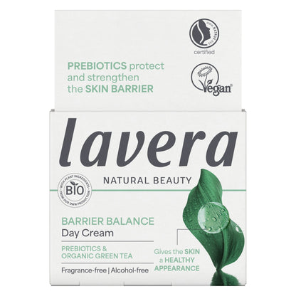 Lavera Barrier Balance Day Cream packaging box, featuring a white background with green and dark gray text, a green leaf graphic, and certification logos for Vegan and Plant Based Ingredients.