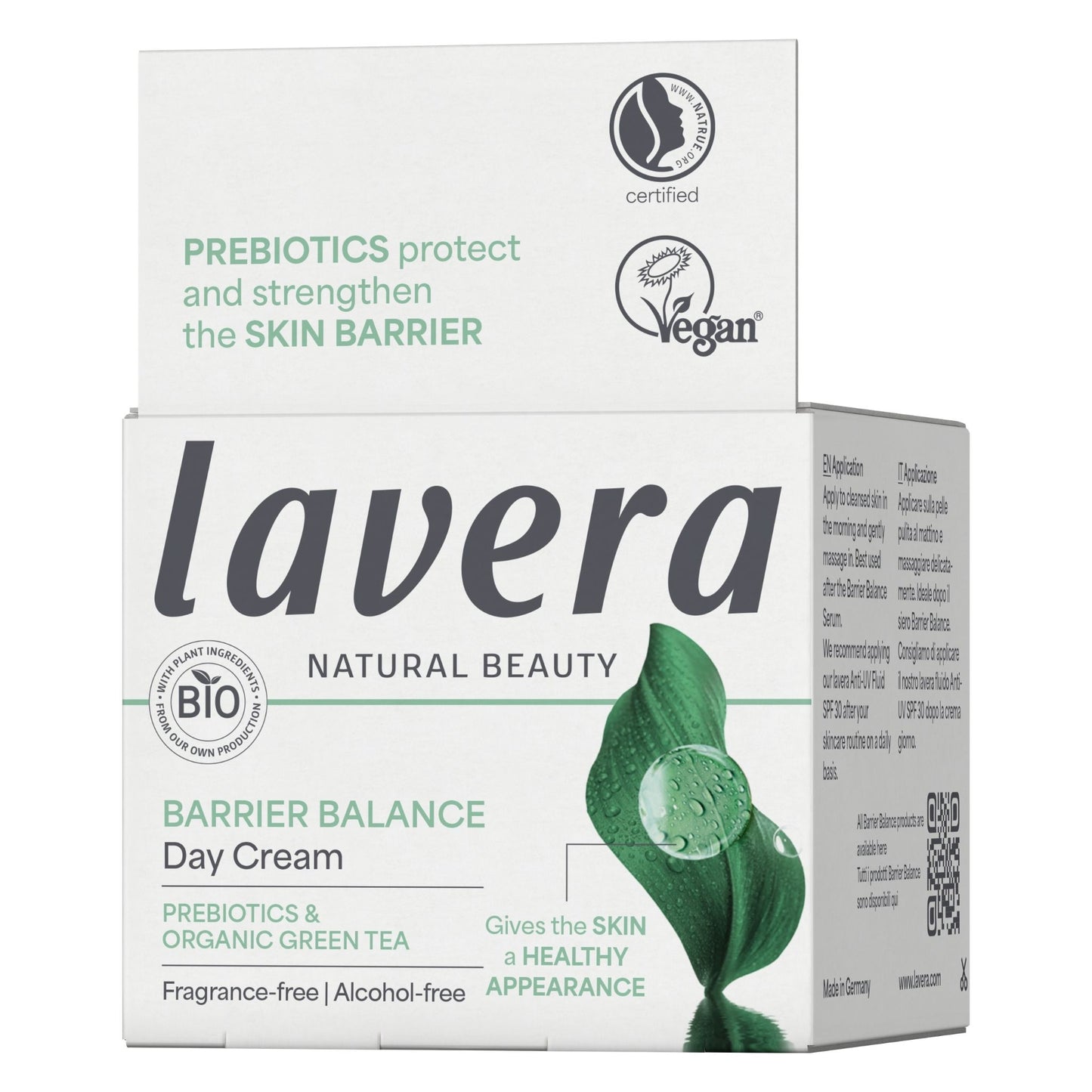 Lavera Natural Beauty Barrier Balance Day Cream packaging box, featuring a white design with green accents, a leaf graphic, and product details on the front and side panels.