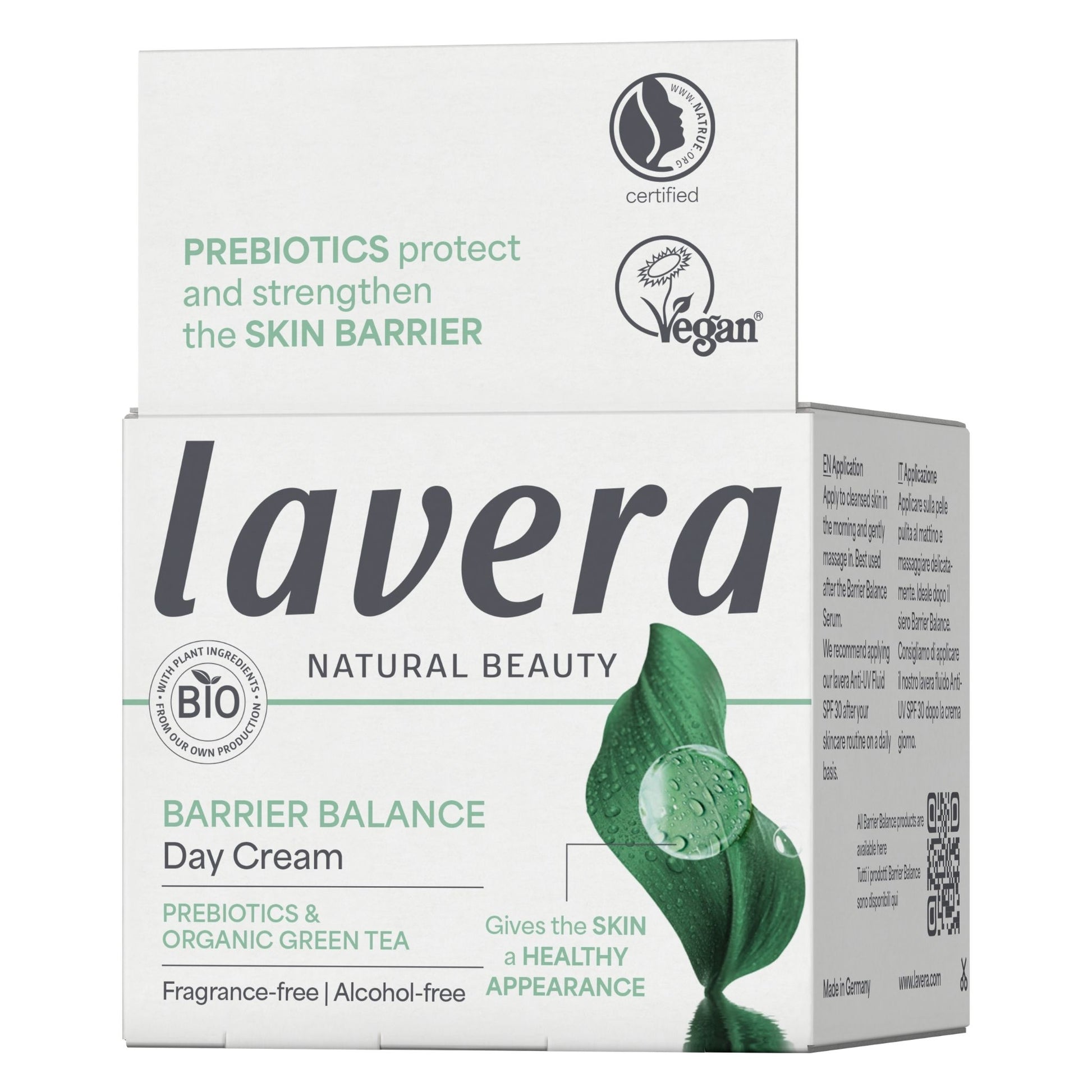 Lavera Natural Beauty Barrier Balance Day Cream packaging box, featuring a white design with green accents, a leaf graphic, and product details on the front and side panels.