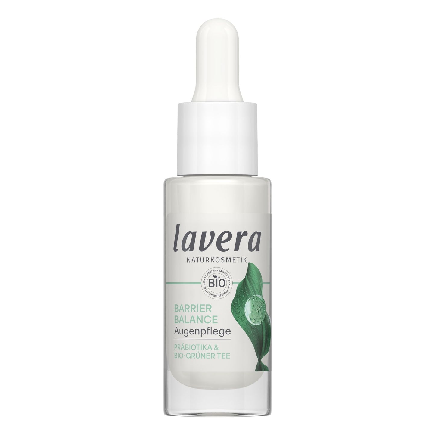 Lavera Barrier balance eye cream in clear glass dropper bottle with a white dropper cap on a white background.