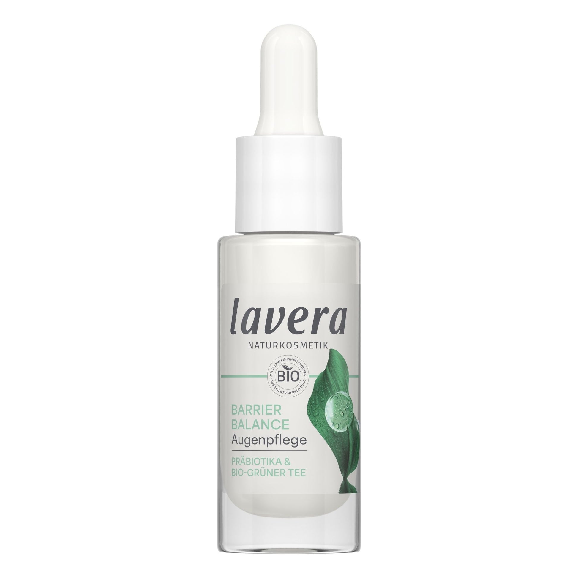Lavera Barrier balance eye cream in clear glass dropper bottle with a white dropper cap on a white background.