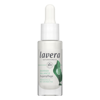 Lavera Barrier balance eye cream in clear glass dropper bottle with a white dropper cap on a white background.