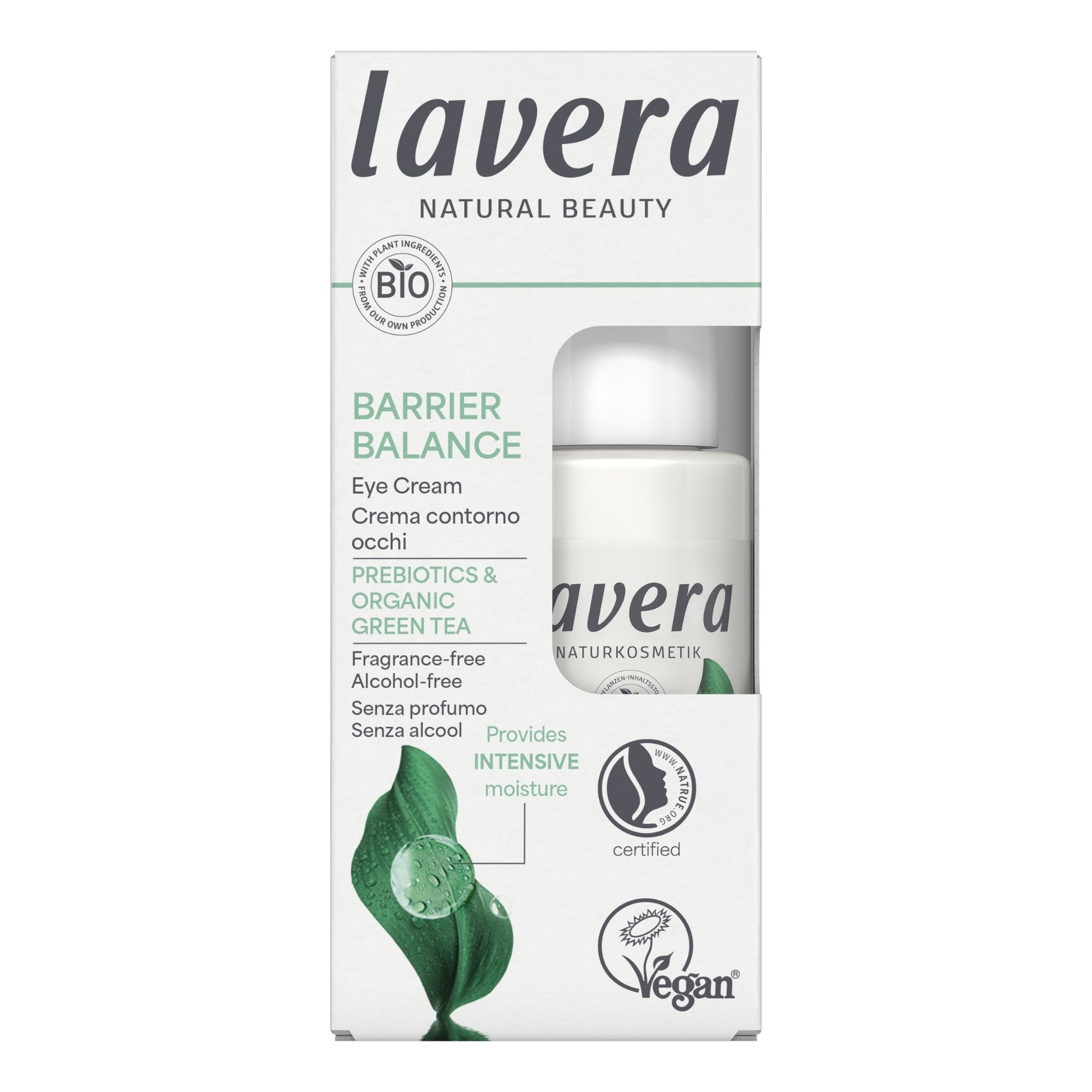 White packaging of Lavera Barrier balance eye cream on a white background. The packaging label has green accents.