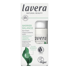 White packaging of Lavera Barrier balance eye cream on a white background. The packaging label has green accents.