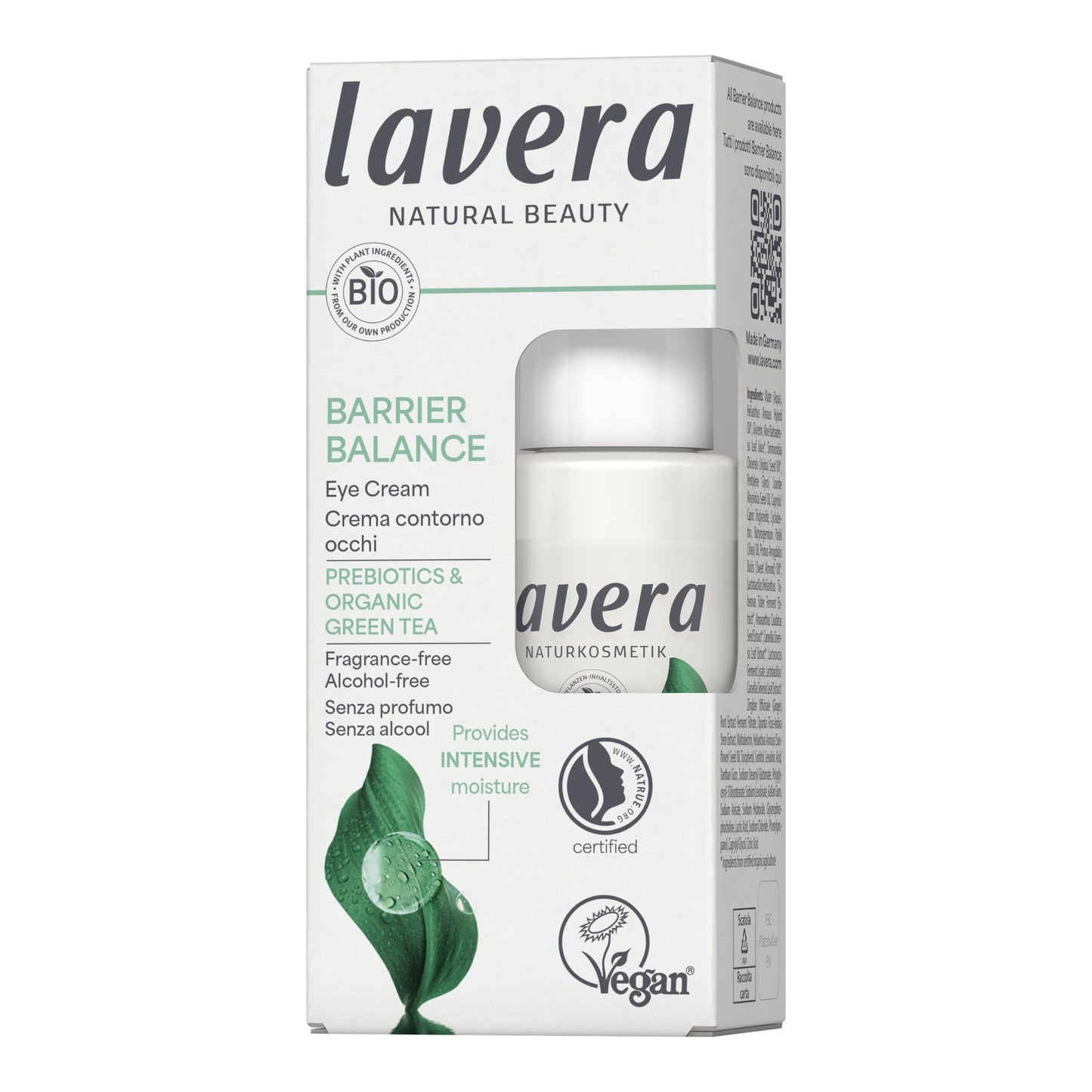 White packaging of Lavera Barrier balance eye cream, sideway on a white background. The packaging label has green accents.