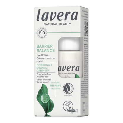 White packaging of Lavera Barrier balance eye cream, sideway on a white background. The packaging label has green accents.