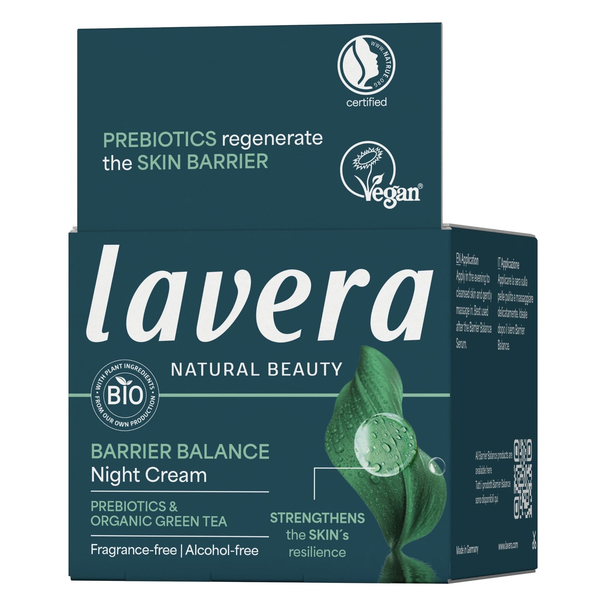 Lavera Natural Beauty Barrier Balance Night Cream box in dark teal with white text and a green leaf graphic, shown on a plain white background.
