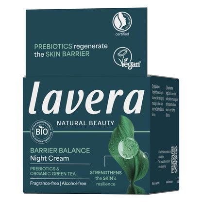 Lavera Natural Beauty Barrier Balance Night Cream box in dark teal with white text and a green leaf graphic, shown on a plain white background.