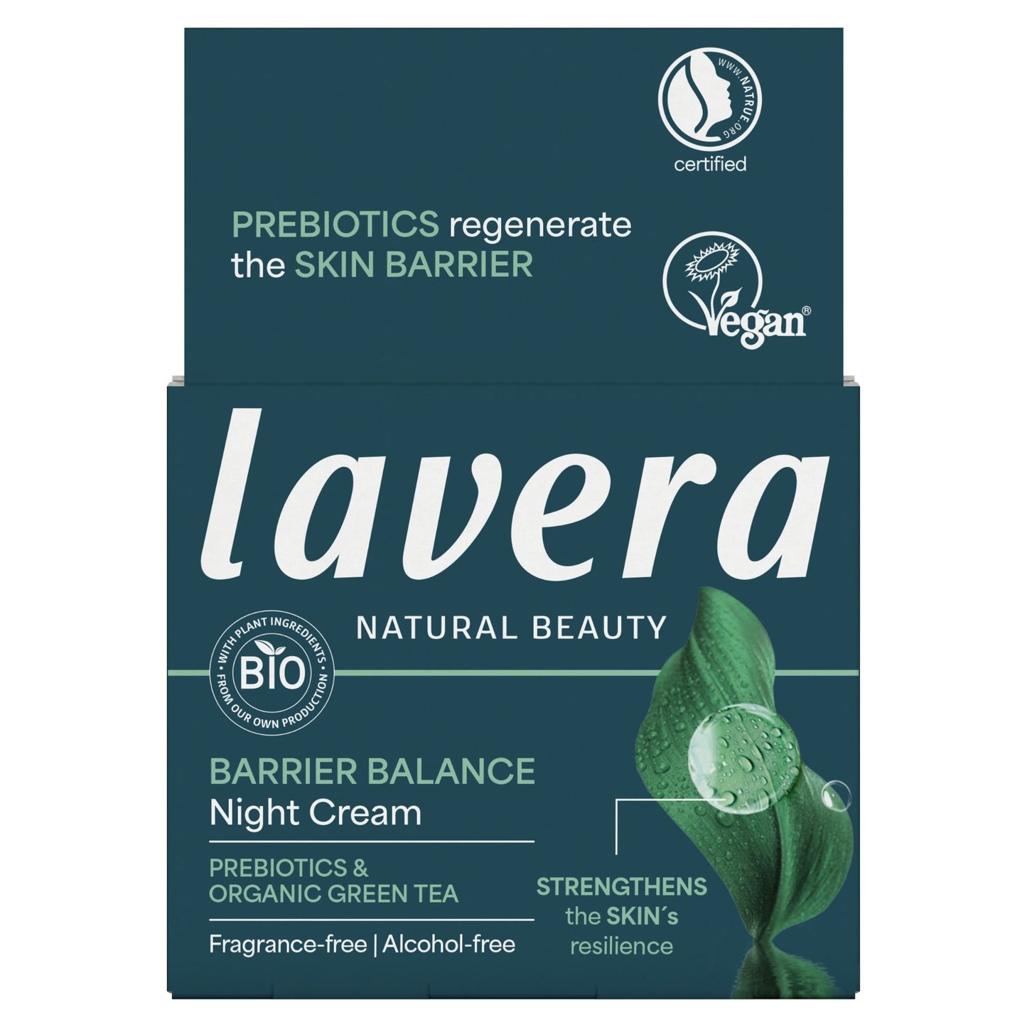 Lavera Barrier Balance Night Cream packaging box in dark teal with white and green text, featuring a leaf graphic and certification logos including Vegan and Certified by Cosmetics Standards.