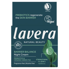 Lavera Barrier Balance Night Cream packaging box in dark teal with white and green text, featuring a leaf graphic and certification logos including Vegan and Certified by Cosmetics Standards.
