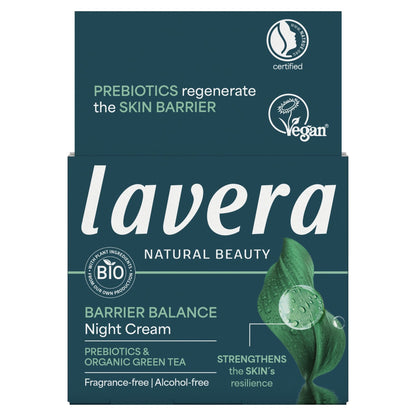 Lavera Barrier Balance Night Cream packaging box in dark teal with white and green text, featuring a leaf graphic and certification logos including Vegan and Certified by Cosmetics Standards.