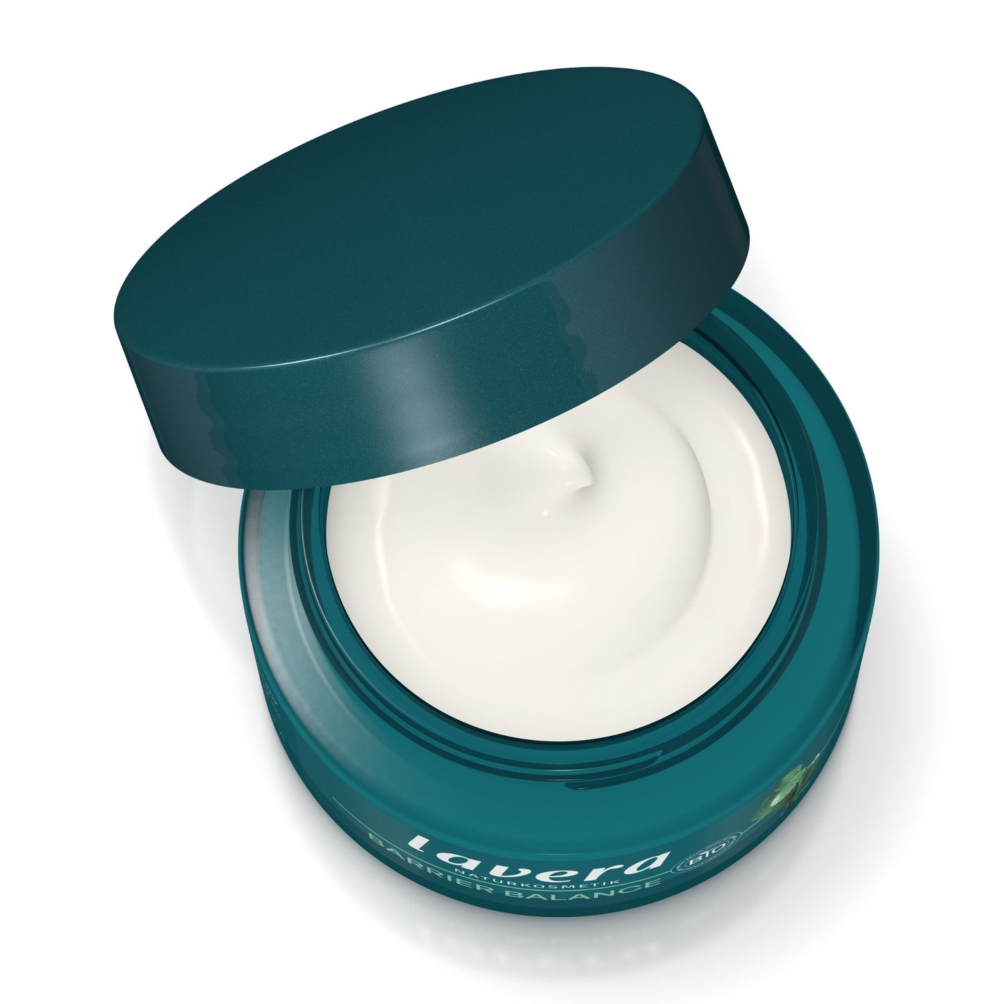 Lavera Natural Beauty Barrier Balance Night Cream box open with dark teal lid, shown on a plain white background.