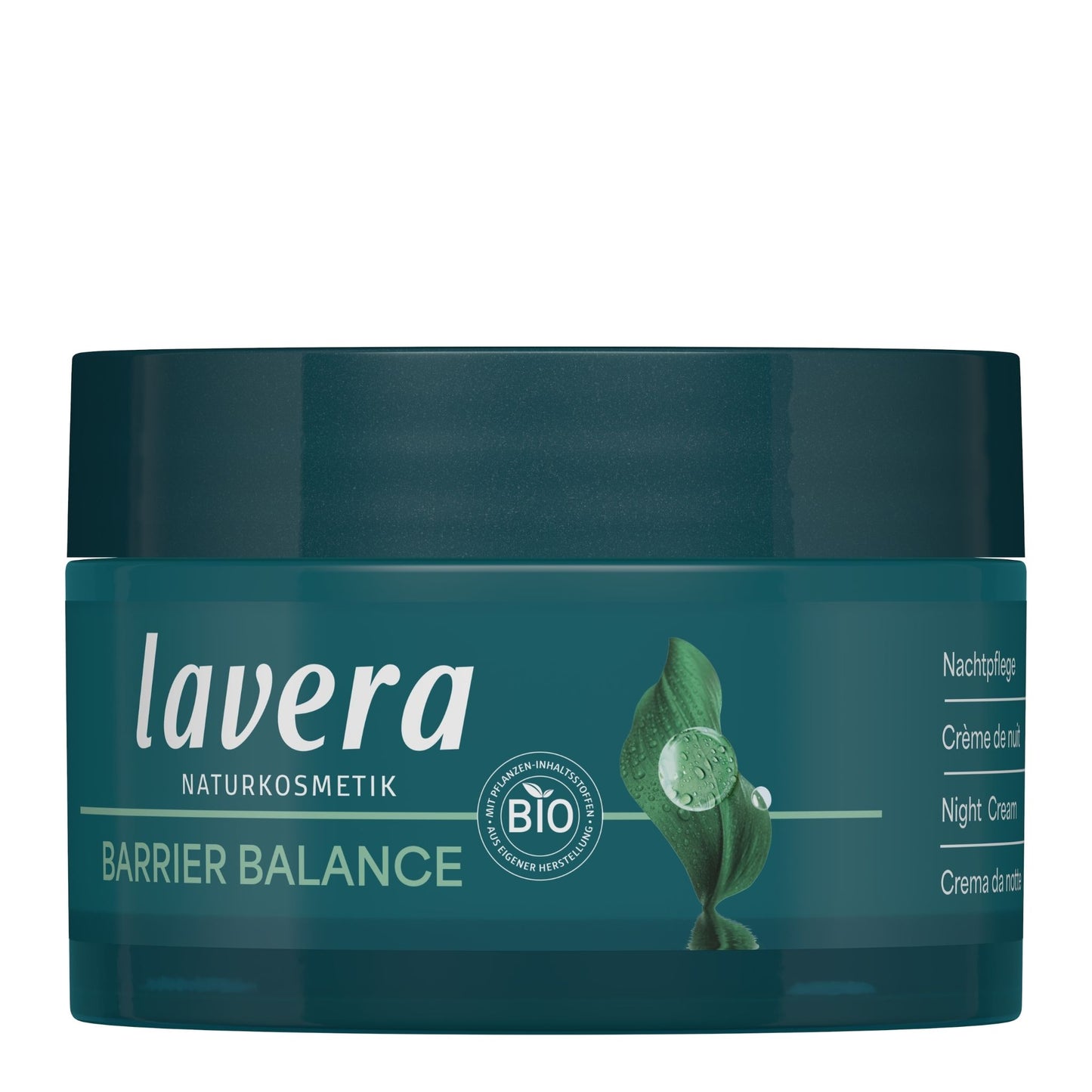 Lavera Natural Beauty Barrier Balance Night Cream jar in dark teal with white text and a green leaf graphic, shown on a plain white background.