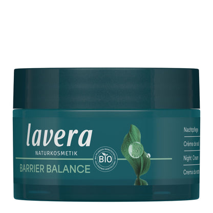 Lavera Natural Beauty Barrier Balance Night Cream jar in dark teal with white text and a green leaf graphic, shown on a plain white background.