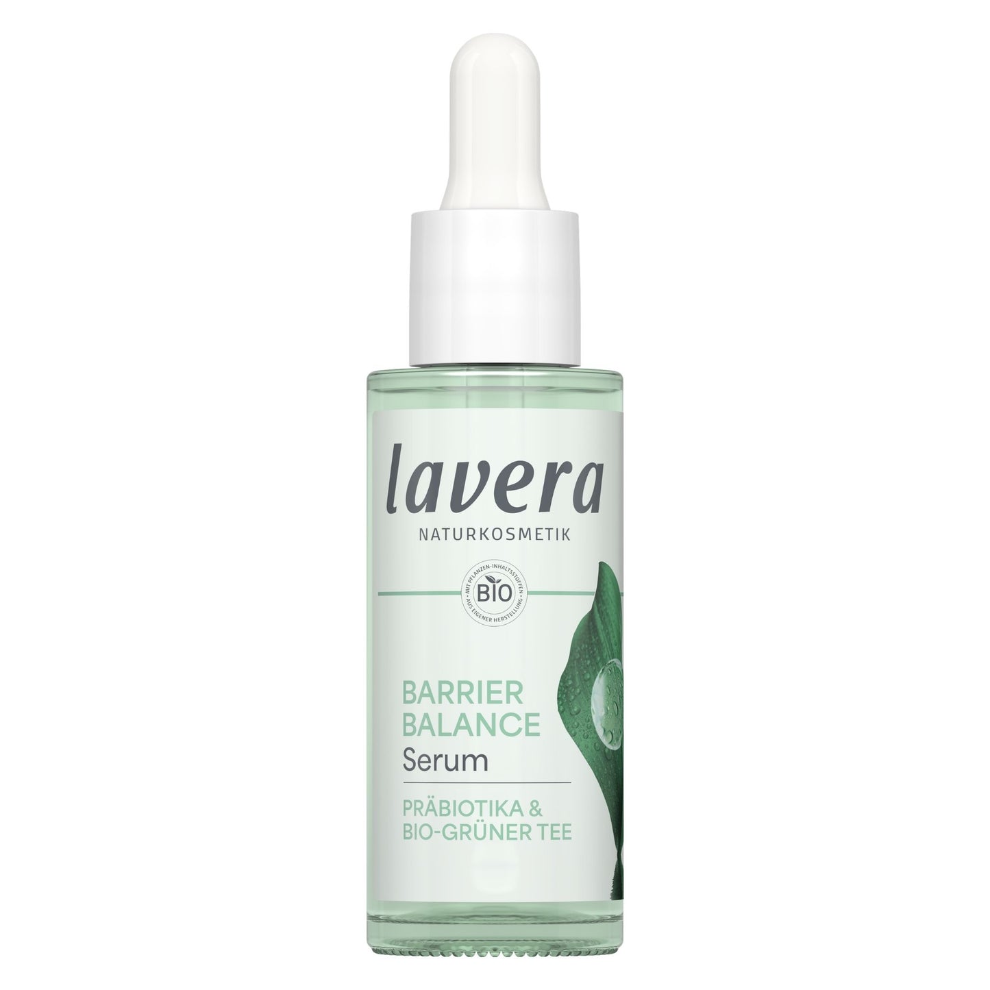 Lavera Barrier Balance Serum in a clear glass dropper bottle with a white cap, showing a pale green liquid inside and a green leaf graphic on the label.