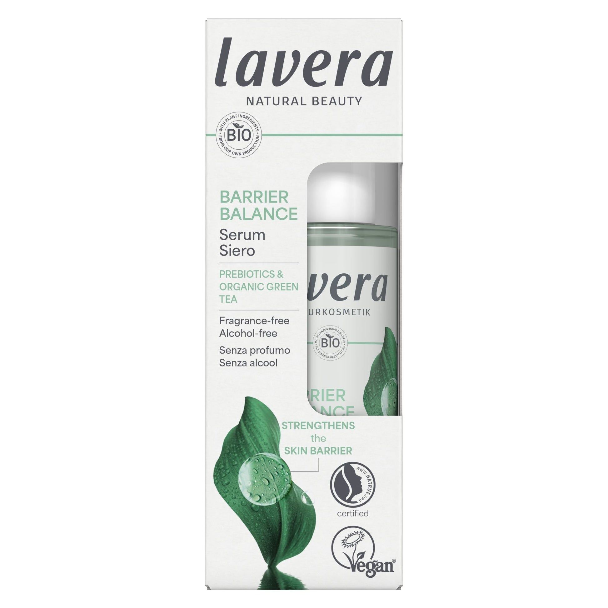 Lavera Barrier Balance Serum packaging box, featuring a white design with green leaf graphics and a clear window showing the serum bottle inside.