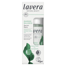 Lavera Barrier Balance Serum packaging box, featuring a white design with green leaf graphics and a clear window showing the serum bottle inside.