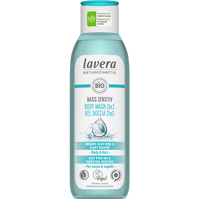 Lavera Basis Sensitive Body Wash 2 in 1  with organic aloe vera and plant keratin for Body and Hair.  In a bottle ade of 100% recycled materials 