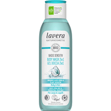 Lavera Basis Sensitive Body Wash 2 in 1  with organic aloe vera and plant keratin for Body and Hair.  In a bottle ade of 100% recycled materials 